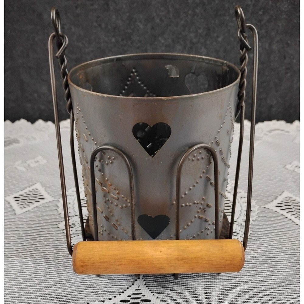 Vintage Punched Tin Christmas Lamp Candle Holder Heart Cutouts Wire Caddy